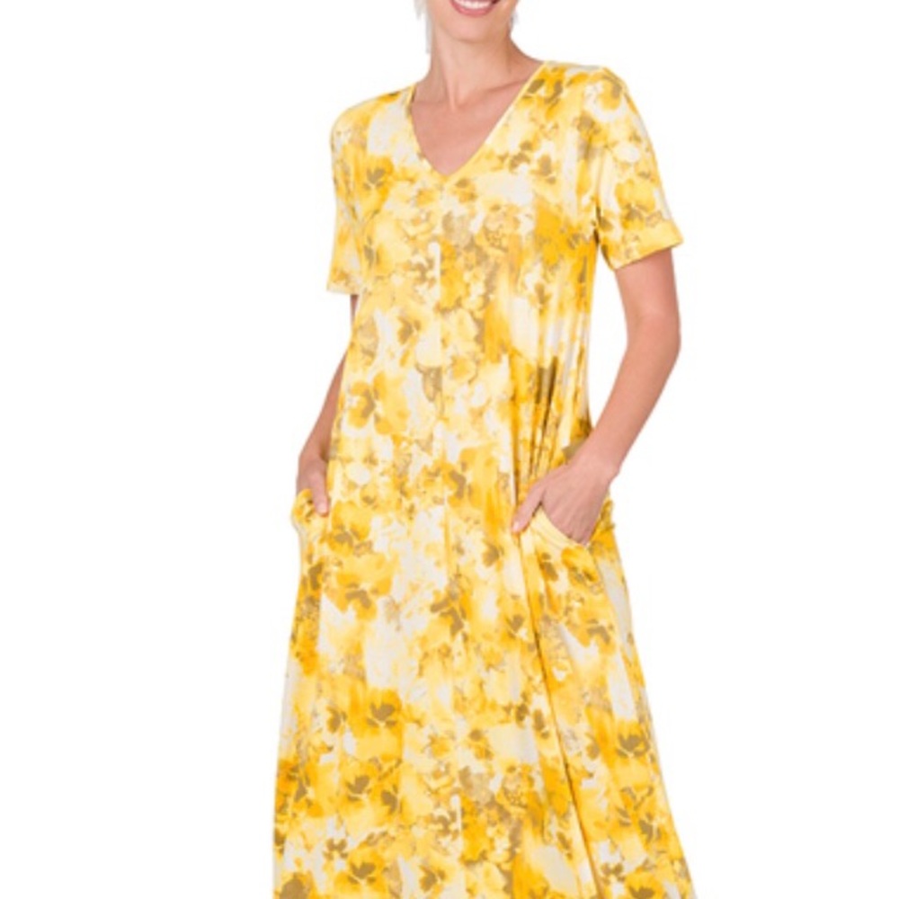 ITY PRINTED V-NECK SHORT SLEEVE MAXI DRESS